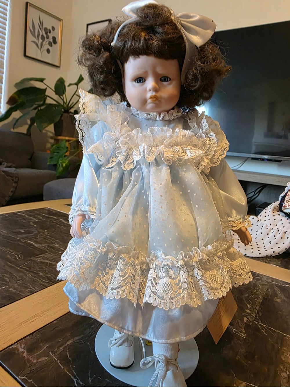 Porcelain Collectible Doll in Light Blue Lace Dress with Bow Headband
